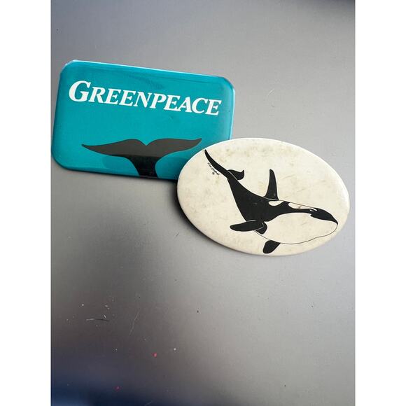 Lot of 2 Vtg Whale Pins; Greenpeace and White Oval Whale - Picture 1 of 3